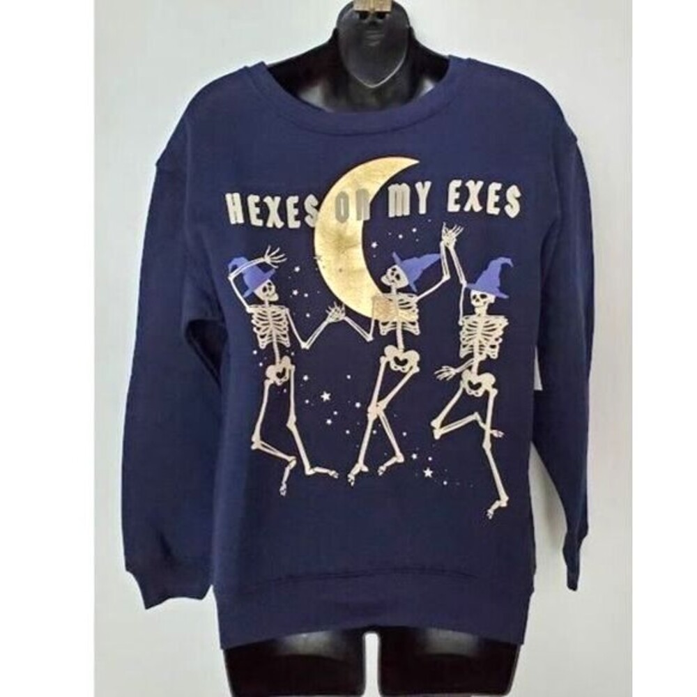 NWT 'Hexes On My Exes' Graphic Halloween Sweatshirt Blue XS Dancing Skeletons